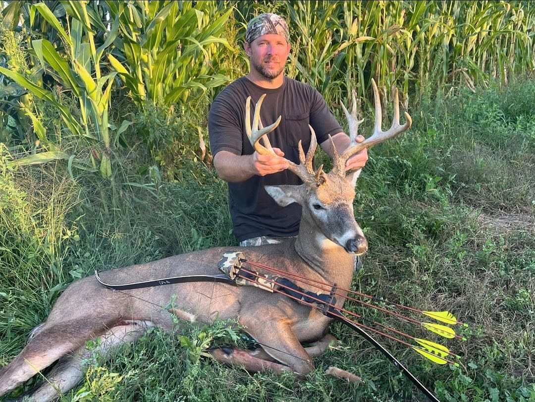 Hunter with a heavy-antlered whitetail buck at the edge of a cornfield, traditional bow with loaded quiver